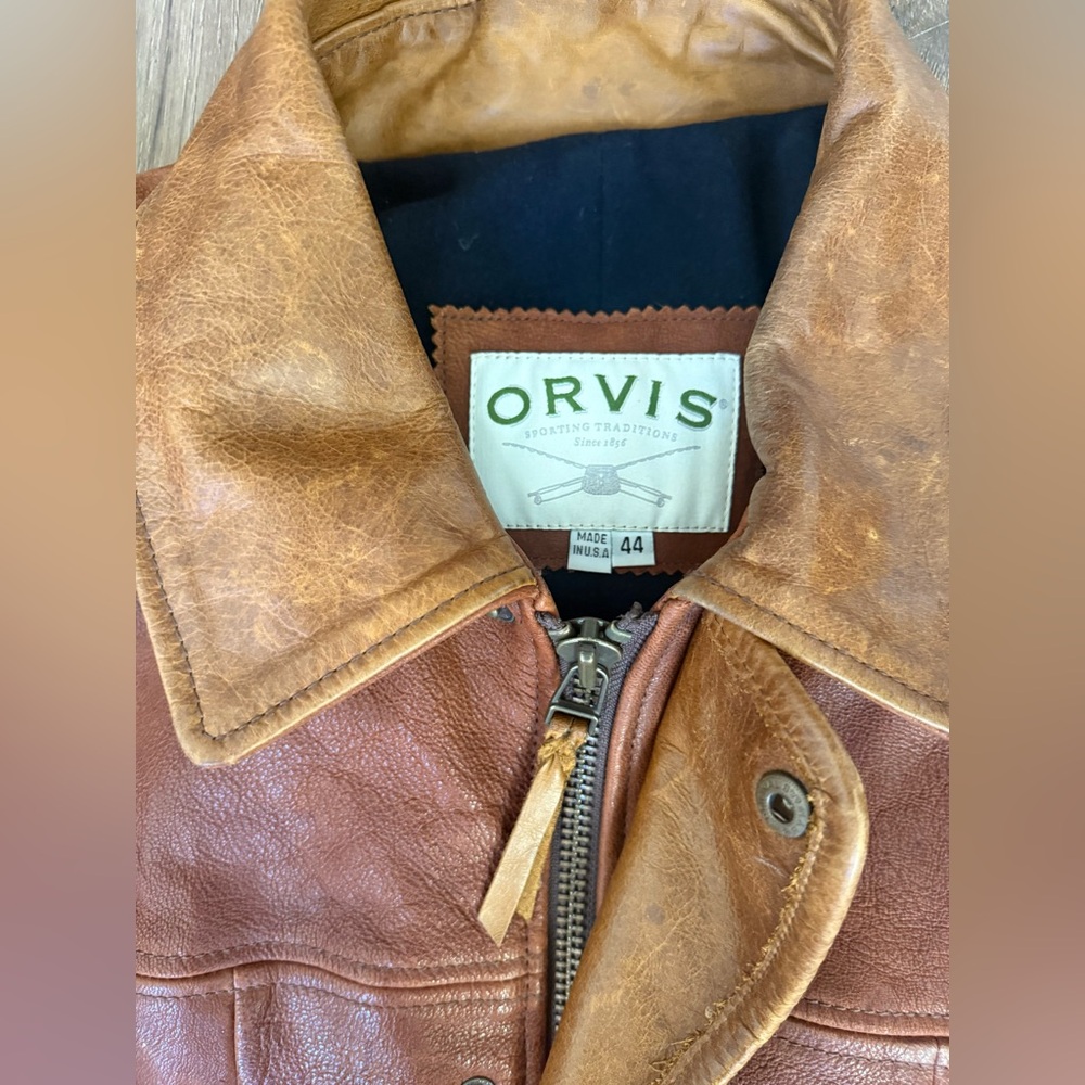 Vintage Orvis Leather Jacket Mens 44 Brown Chorn Barn Wool Cashmere Lined - Picture 4 of 9